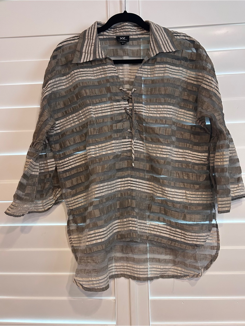 W by Worth Linen Blend Lace Up Sheer Striped Blouse Ruffle Detail Tan Grey Med